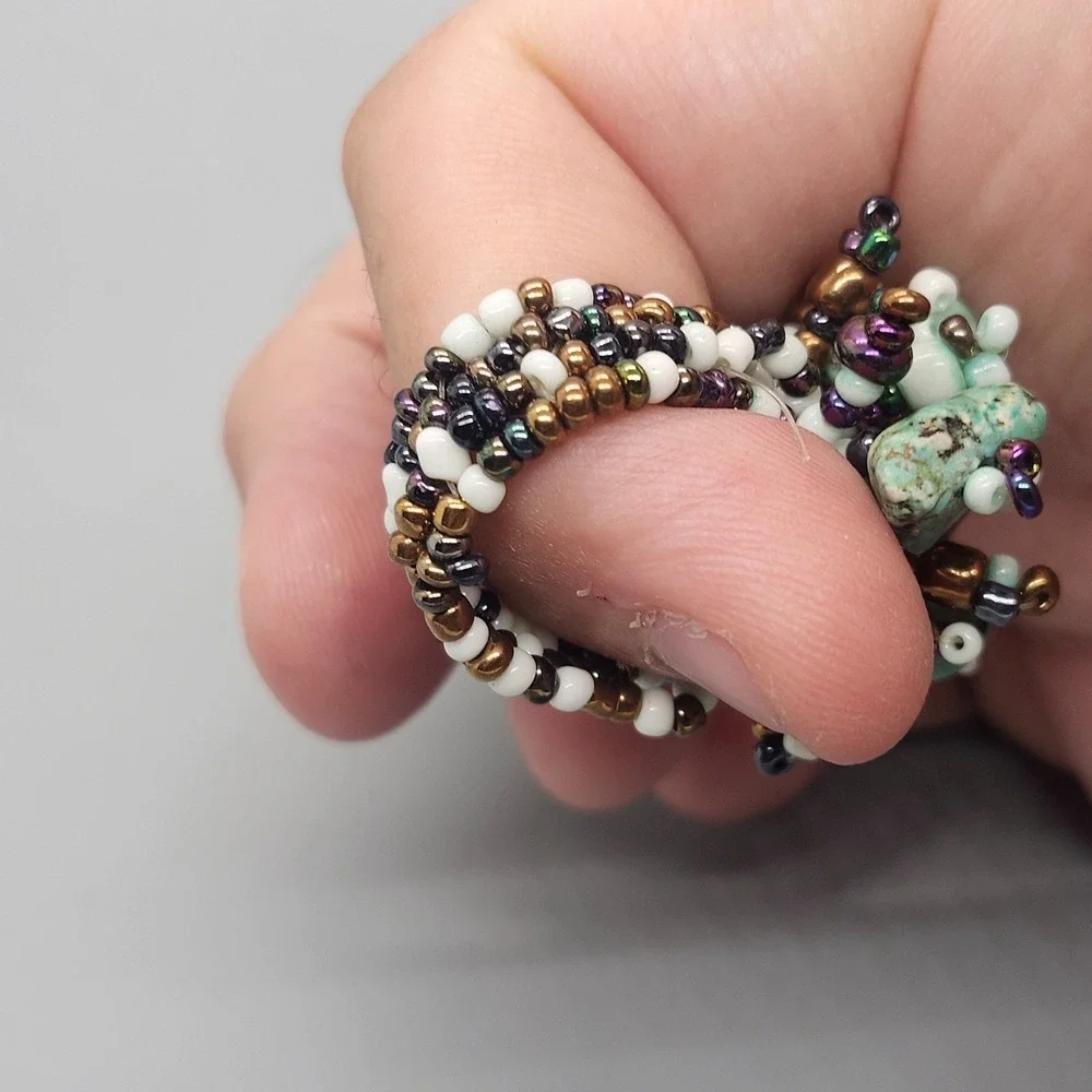 Chunky Turquoise Cluster Flower Bead Statement Stretch Ring Retro Beaded Ring